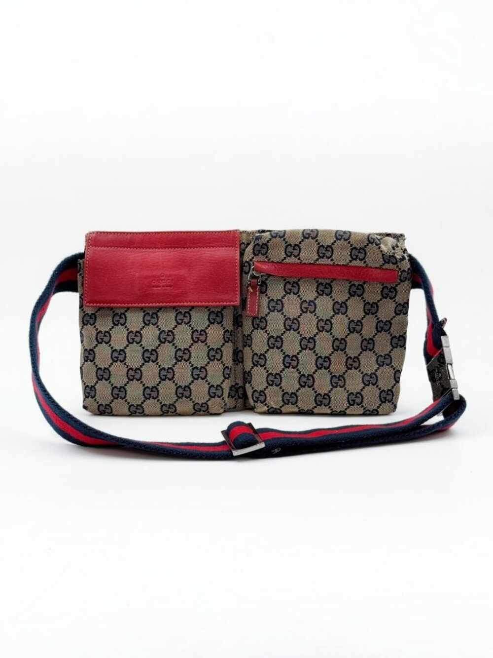 GUCCI 28566 GG Canvas Leather Body Waist Bag Shoulder Bag Unisex Beige Red Navy